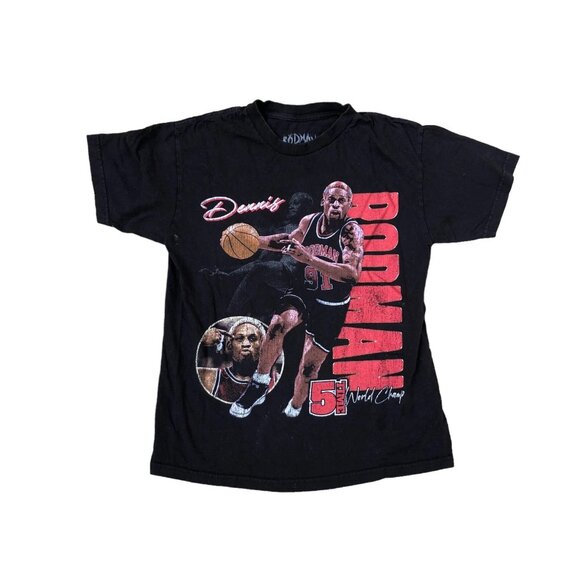VTG DENNIS RODMAN Retro T Shirt MED Men's Black Chicago Bulls 5 Time Champion - Picture 1 of 8